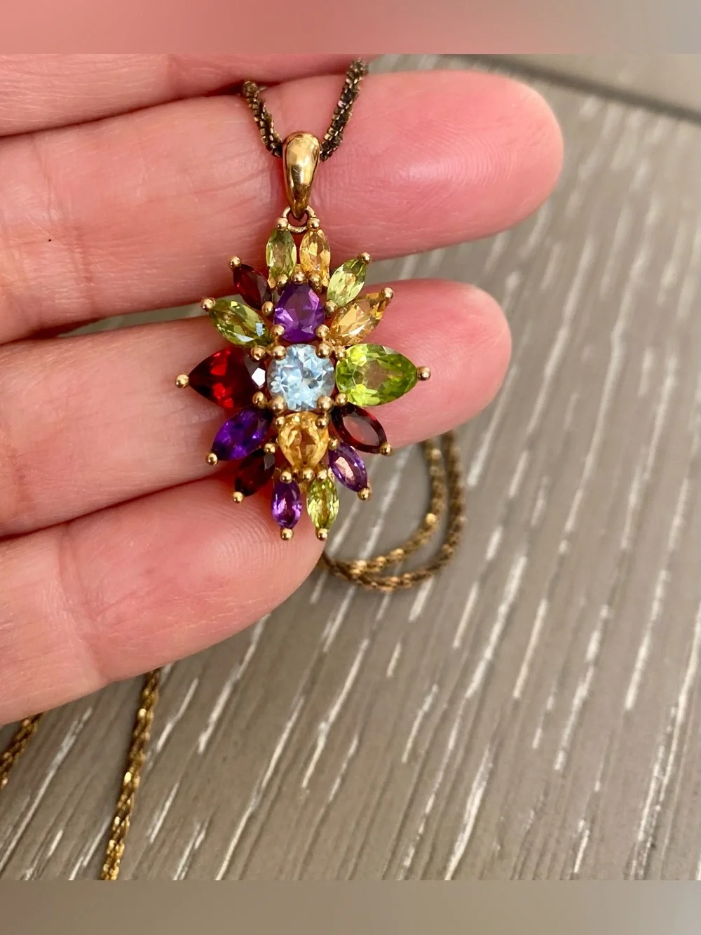 Vintage Multi-Gemstone Floral Cluster Pendant 925 With Necklace Made In Italy 🇮🇹